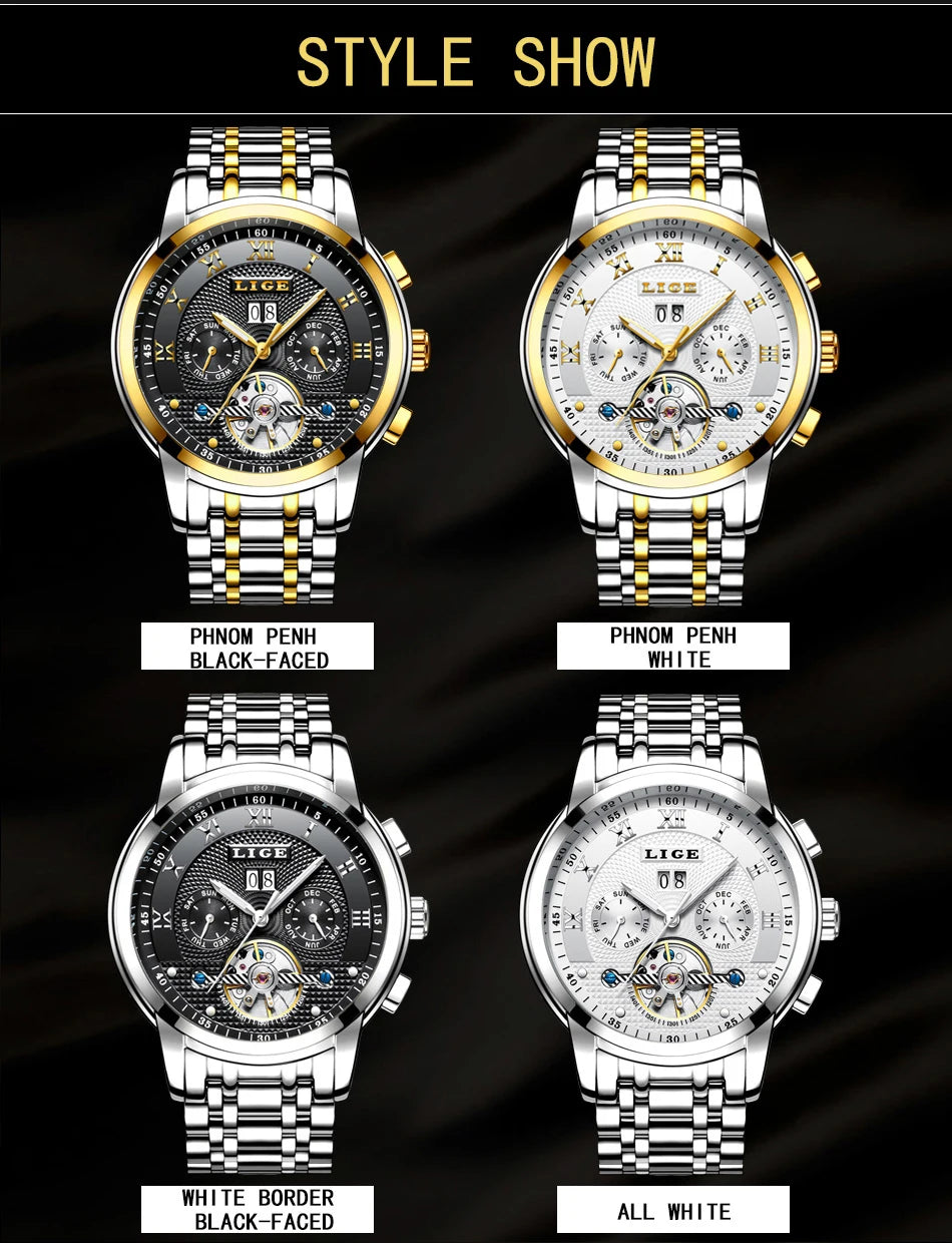 LIGE Mens Watches Fashion Top Brand Luxury Business Automatic Mechanical Watch Men Casual Waterproof Watch Relogio Masculino+Box
