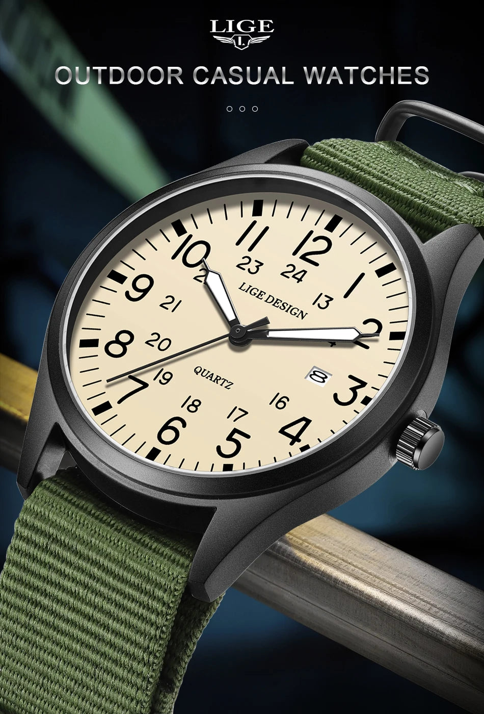 LIGE Original Top Quartz Watch Outdoor Sports Casual Simple Auto Date Clock Nylon Strap Waterproof Luminous Watches for Man Gift