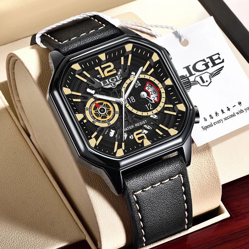 LIGE Fashion Mens Watch Leather Clock Brand Luxury Sport Chronograph Quartz Watches For Men Wrist Watch Relogios Masculino+Box