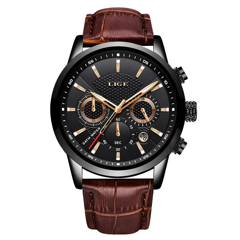 LIGE Watches Unisex Top Brand Luxury Casual Leather Quartz Watch Man Business Clock Male Sport Waterproof Date Chronograph