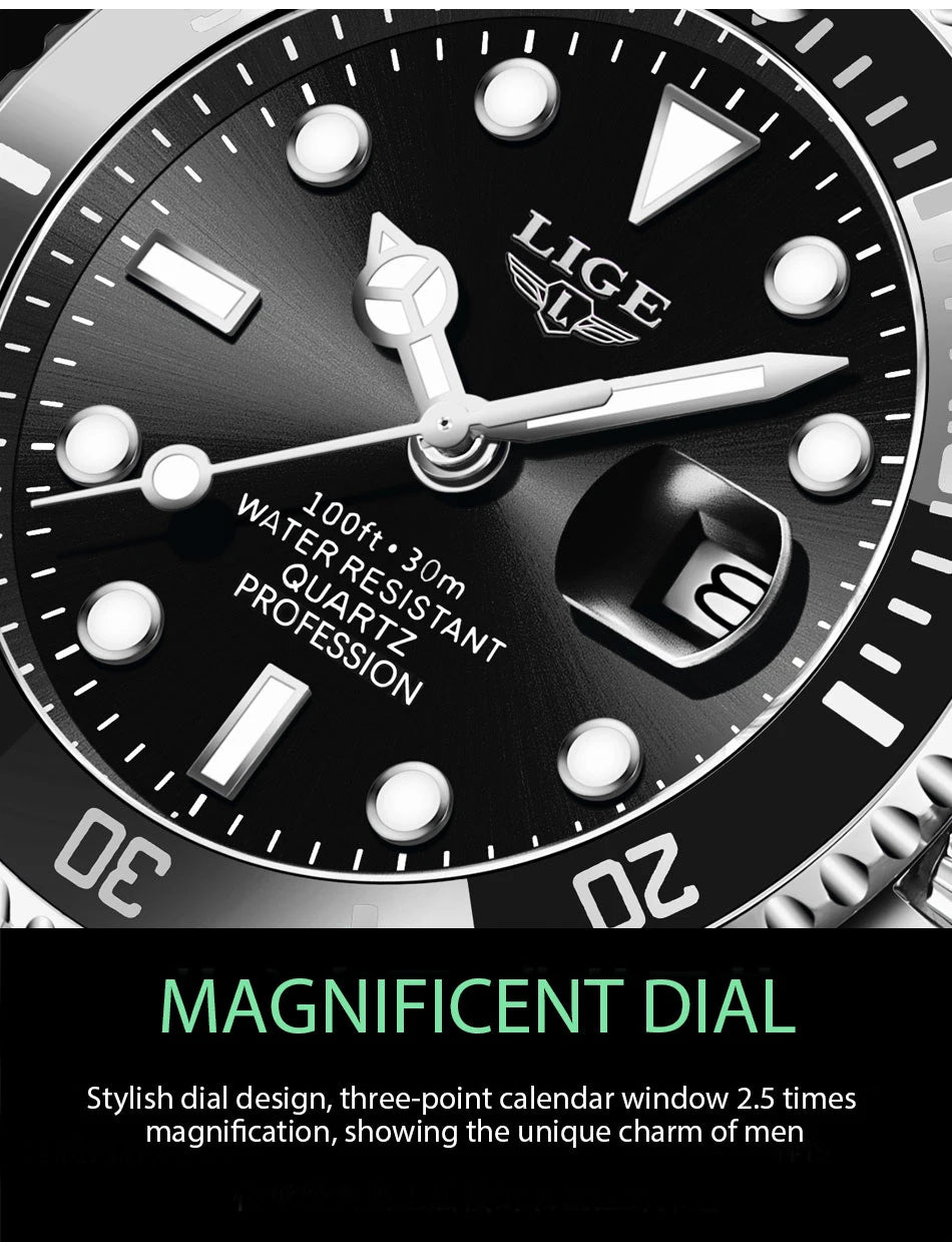 LIGE Watch For Men Top Brand Luxury Fashion Men Watch Casual Business Waterproof Chronograph Quartz Wristwatches Montre Homme