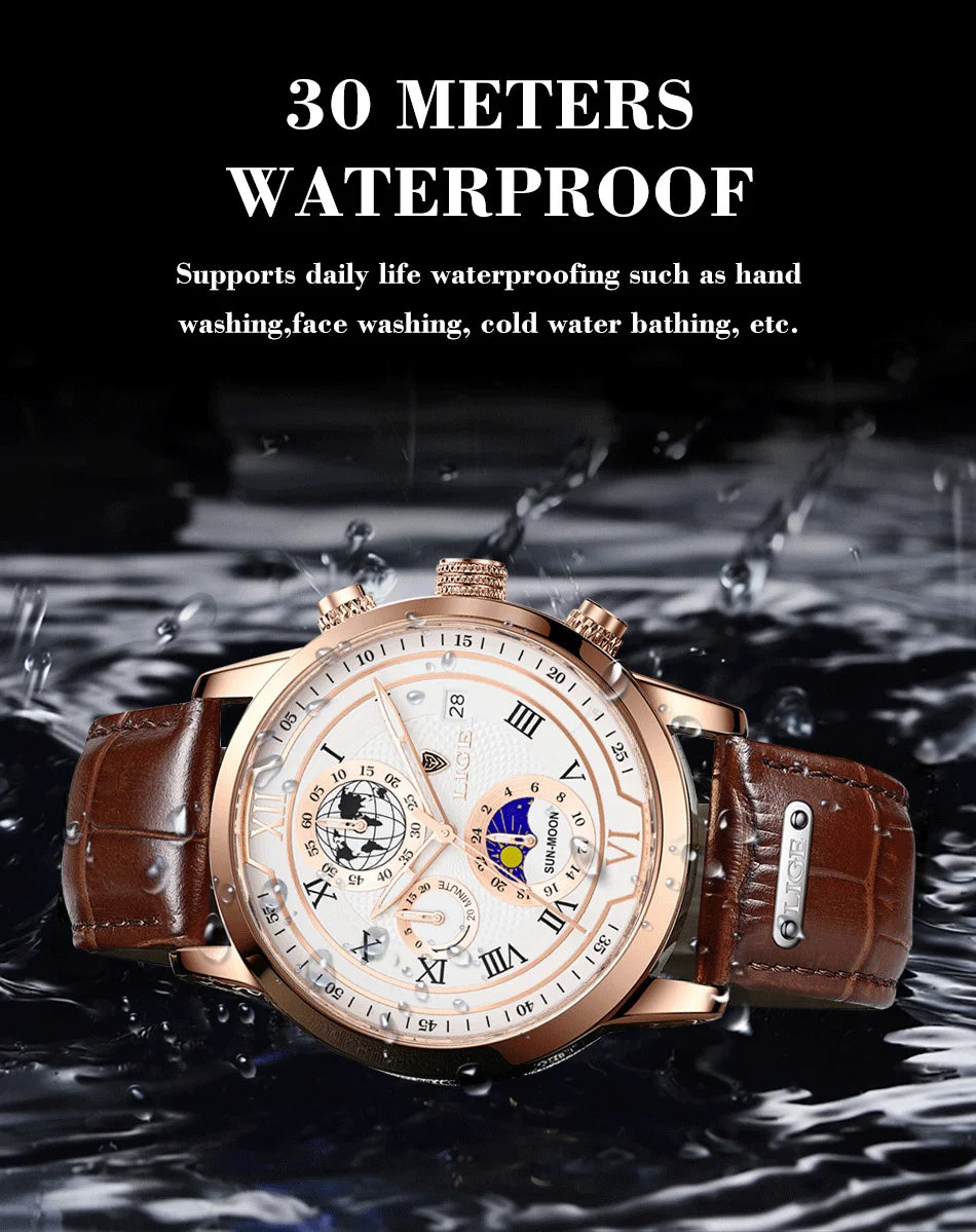 LIGE Brand Luxury Mens Watch Business Fashion Quartz Wristwatch Sport Waterproof Luminous Leather Strap Watches Men Reloj hombre