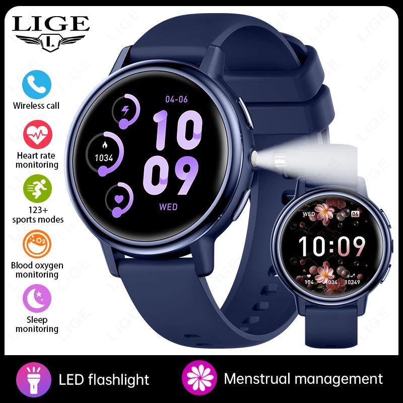 LIGE New Lady Fashion Smart Watch 1.26" HD Heart Rate Women's Health Bluetooth Voice Call Waterproof Flashlight Smartwatch