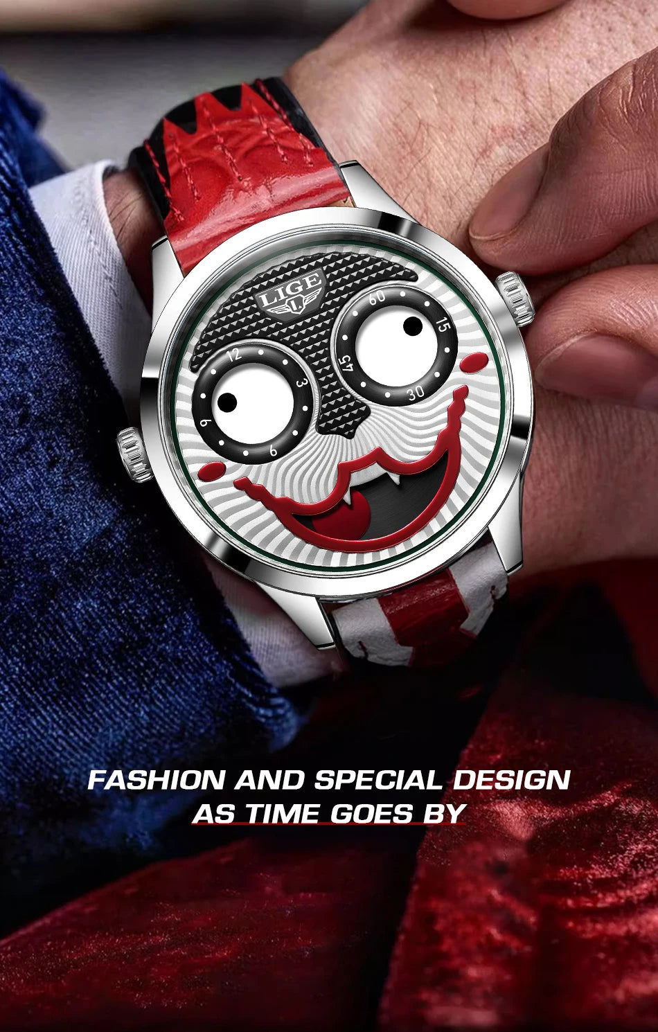 LIGE Creative Watches For Men Clown Fashion Quartz Wristwatches Waterproof Leather Strap Mens Watch Cool Joker Reloj Hombre