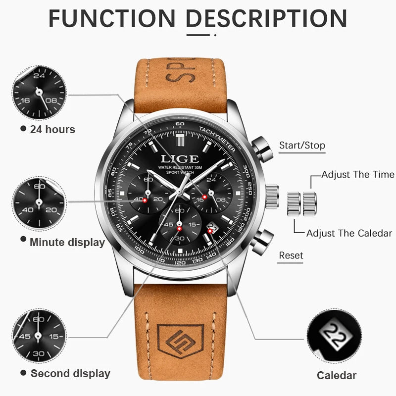 LIGE  Fashion Military Watches for Men Luxury Original Sports Chronograph Watch Waterproof Quartz Clock Digital WristWatch