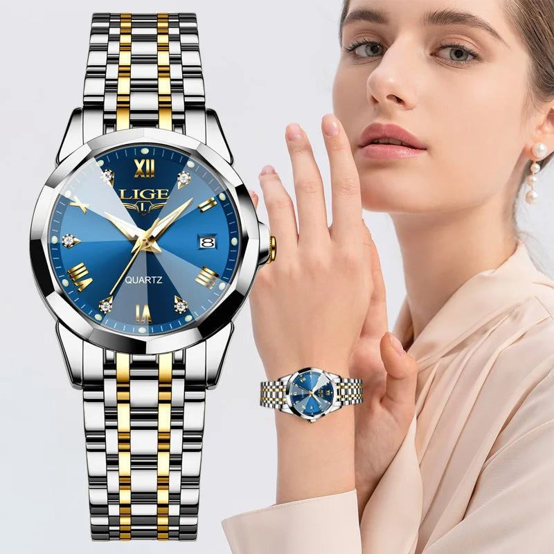 LIGE Women Watches Luxury Fashion Ladies Quartz Watch Waterproof Luminous Date Stainless Steel Wristwatch Girlfriend Gift
