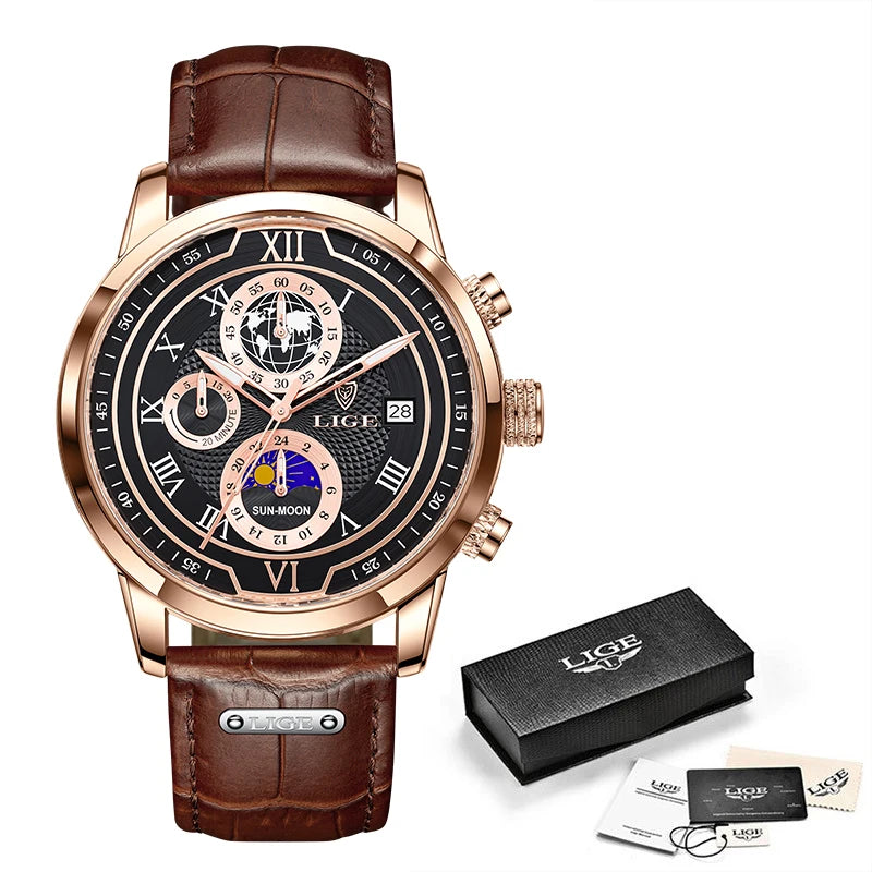 LIGE Brand Luxury Mens Watch Business Fashion Quartz Wristwatch Sport Waterproof Luminous Leather Strap Watches Men Reloj hombre