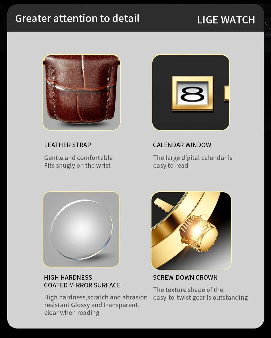 LIGE Mens Watches Top Brand Luxury Military Quartz Watch for Men Fashion Leather Waterproof Sports Chronograph Montre Homme+BOX