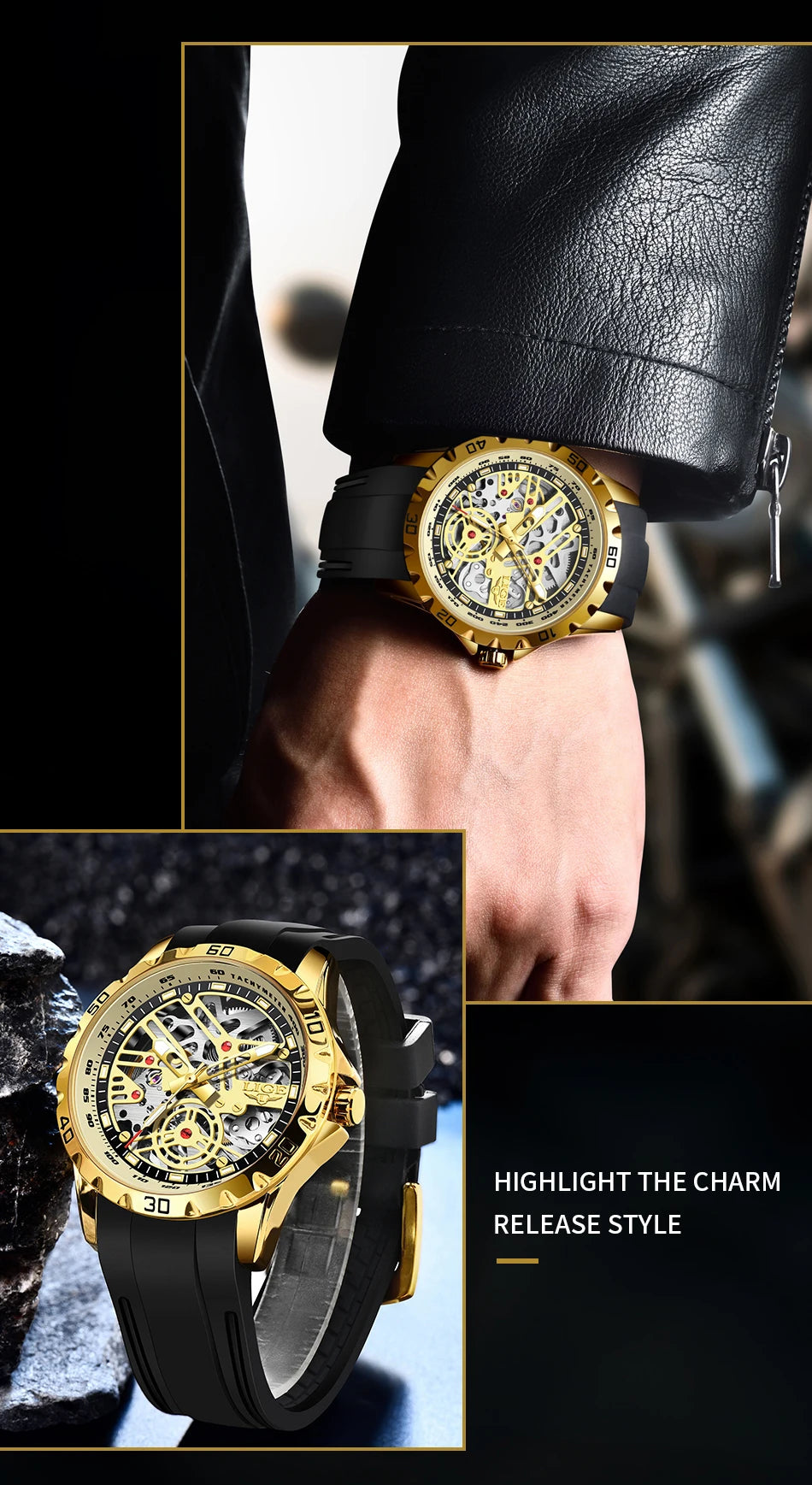 LIGE Luxury Men  Automatic Mechanical Watch Luminous Hollowed Movement Waterproof Luminous Mechanical wristwatches  Reloj Montre