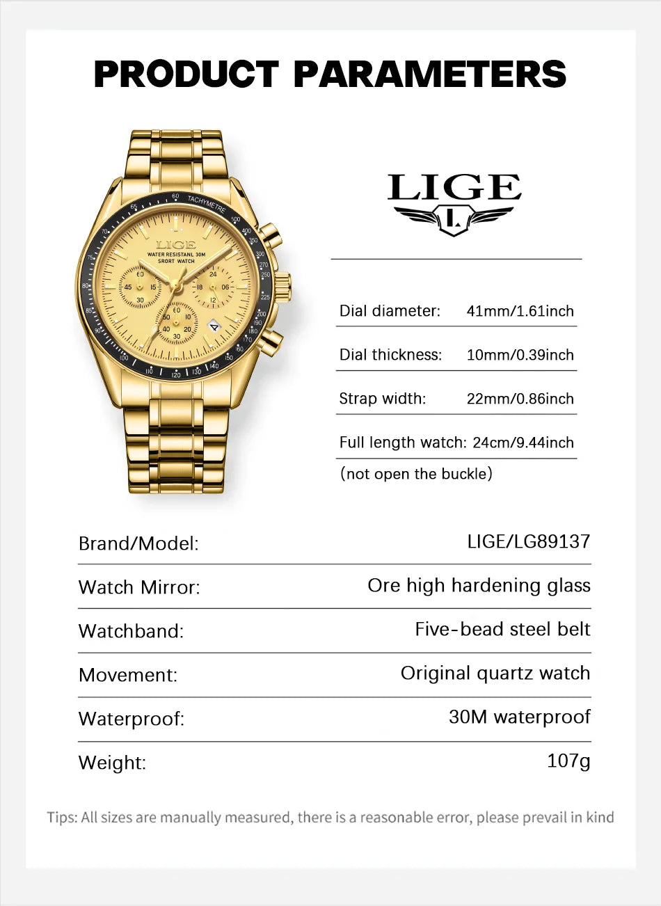 LIGE Fashion Mens Watches Top Brand Luxury Business Watch For Men Full Steel Waterproof Quartz Chronograph Relogios Masculino