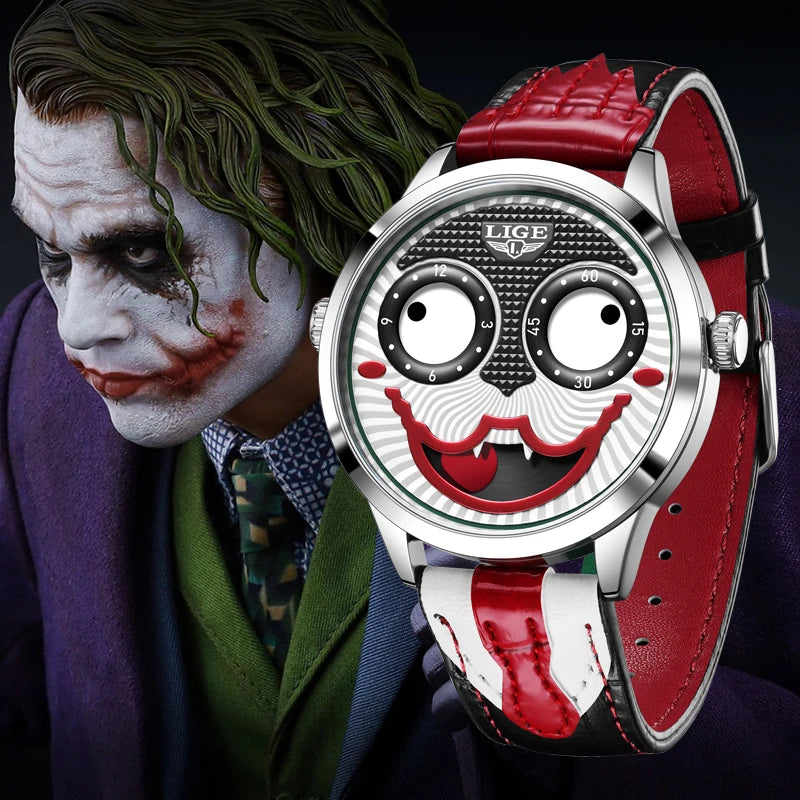 LIGE Creative Watches For Men Clown Fashion Quartz Wristwatches Waterproof Leather Strap Mens Watch Cool Joker Reloj Hombre