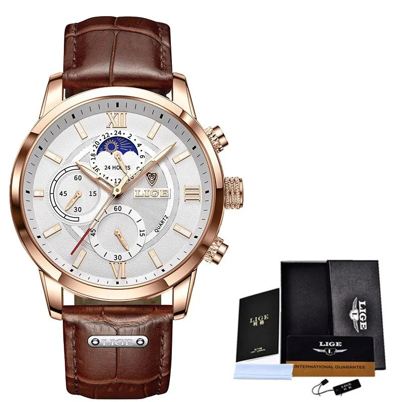 LIGE 2024 New Mens Watches Top Brand Luxury Brown Leather Casual Quartz Watch Men Sport Waterproof Clock Watch Relogio Masculino
