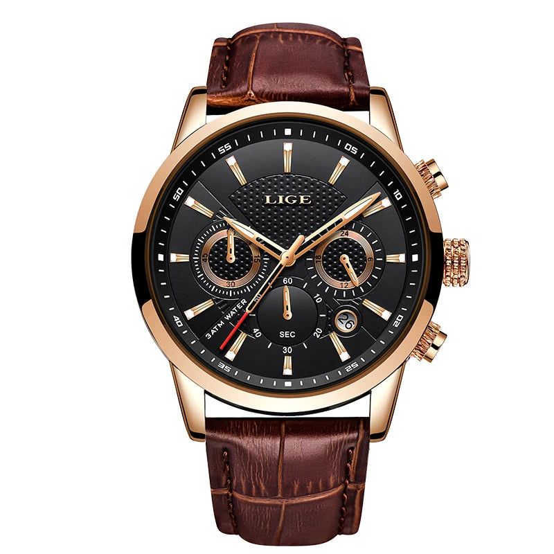 2023 New Mens Watches LIGE Top Brand Leather Chronograph Waterproof Sport Automatic Date Quartz Watch For Men Relogio Masculino