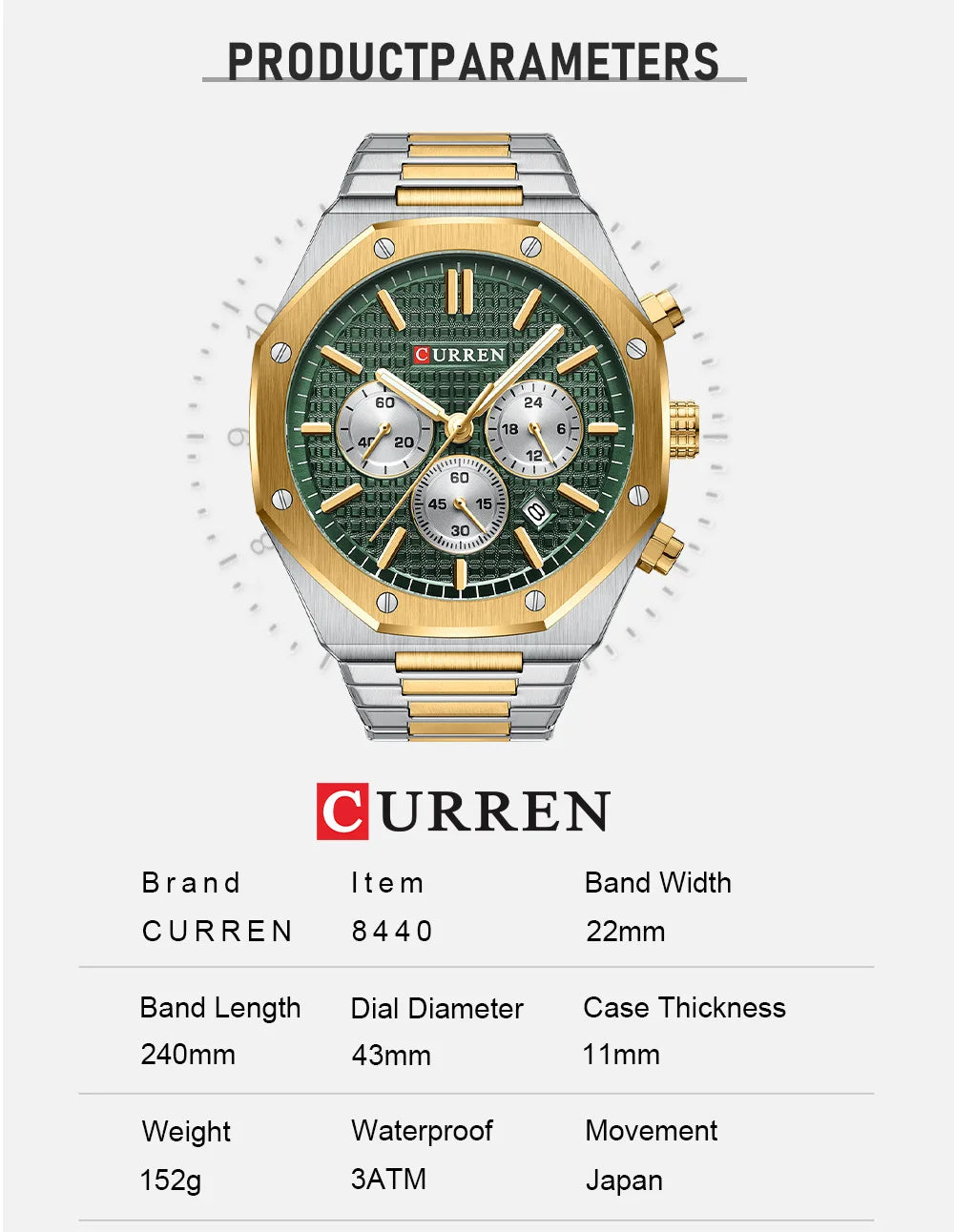 CURREN 8440 Fashion Men's Quartz Watch Multifunction Chronograph Calendar Luminous Wrsitwatch Casual Sports Watches for Man