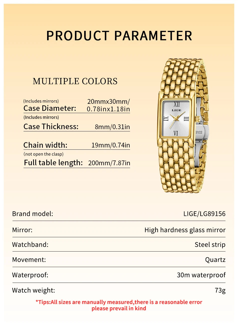 LIGE Watch Women Fashion Casual Luxury Womens Waterproof Square Dial Steel Belt Quartz Wrist Watches Christmas Gifts Reloj Mujer