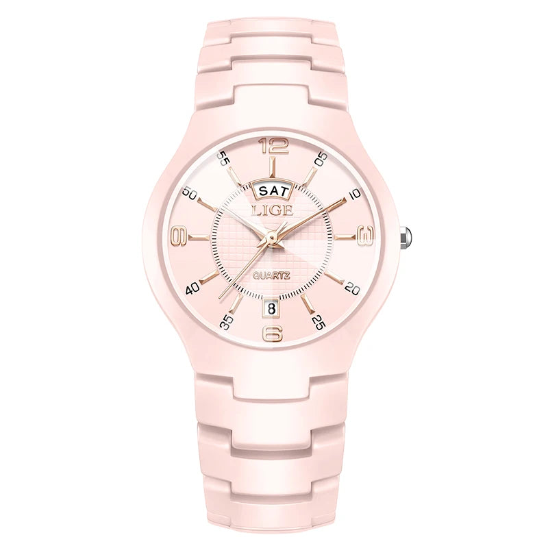 LIGE 2026 Elegant Ceramic Womens Watch Luxury Fashion Quartz Wristwatches Waterproof Date Week Watches Ladies Gifts Reloj Mujer
