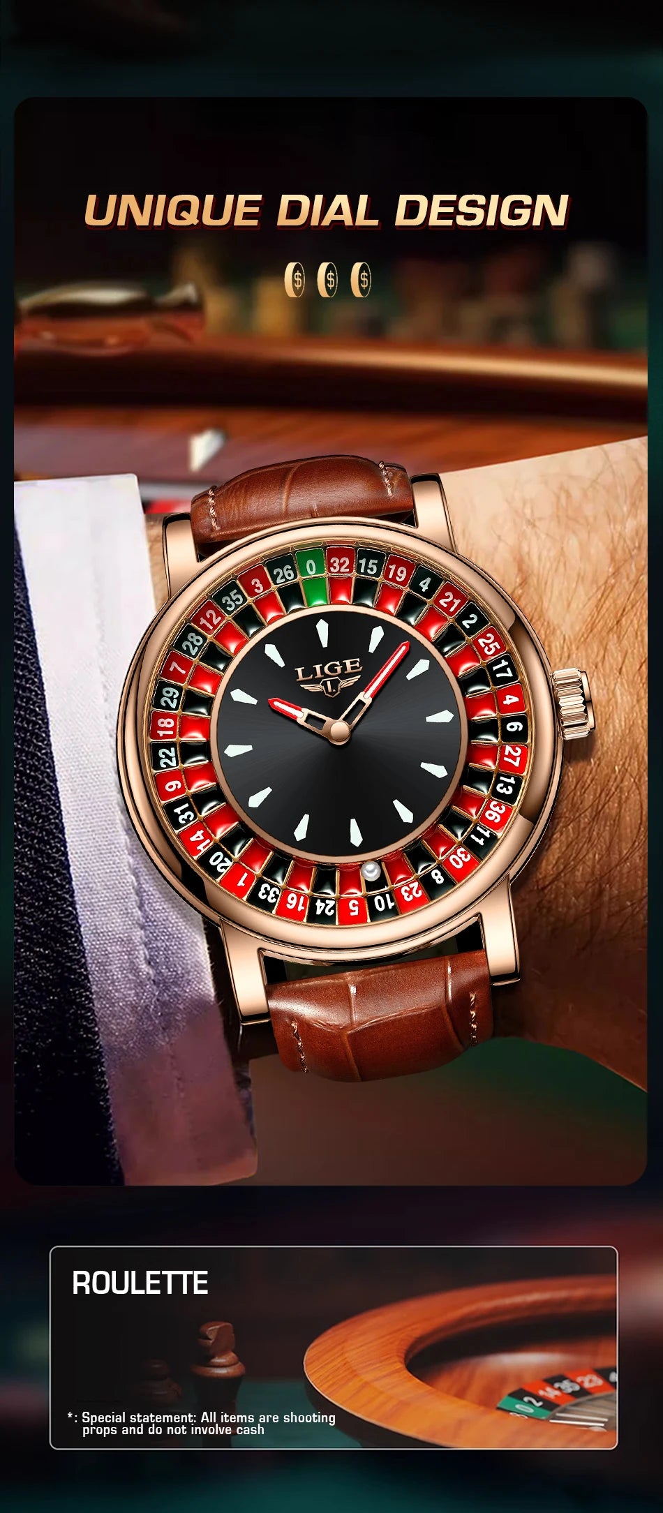 LIGE 2025 NEW mens watch Featured Dial Las Vegas Roulette Table Desk Theme waterproof quartz watches for men reloj hommes+BOX