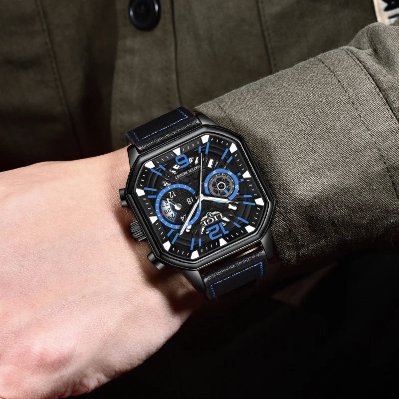 LIGE Fashion Mens Watch Leather Clock Brand Luxury Sport Chronograph Quartz Watches For Men Wrist Watch Relogios Masculino+Box
