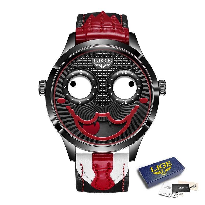 LIGE Creative Watches For Men Clown Fashion Quartz Wristwatches Waterproof Leather Strap Mens Watch Cool Joker Reloj Hombre