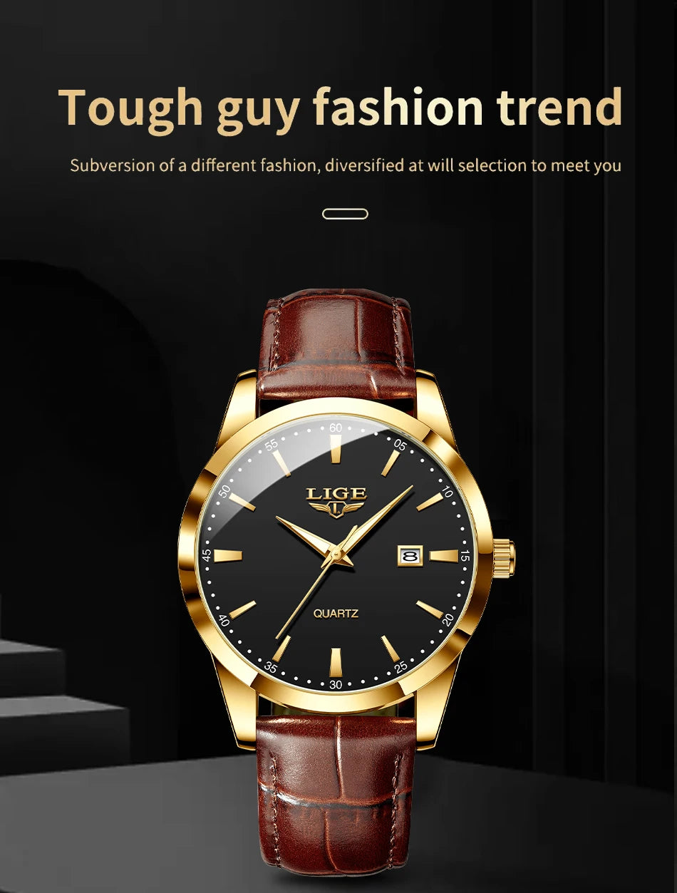 LIGE Mens Watches Top Brand Luxury Military Quartz Watch for Men Fashion Leather Waterproof Sports Chronograph Montre Homme+BOX