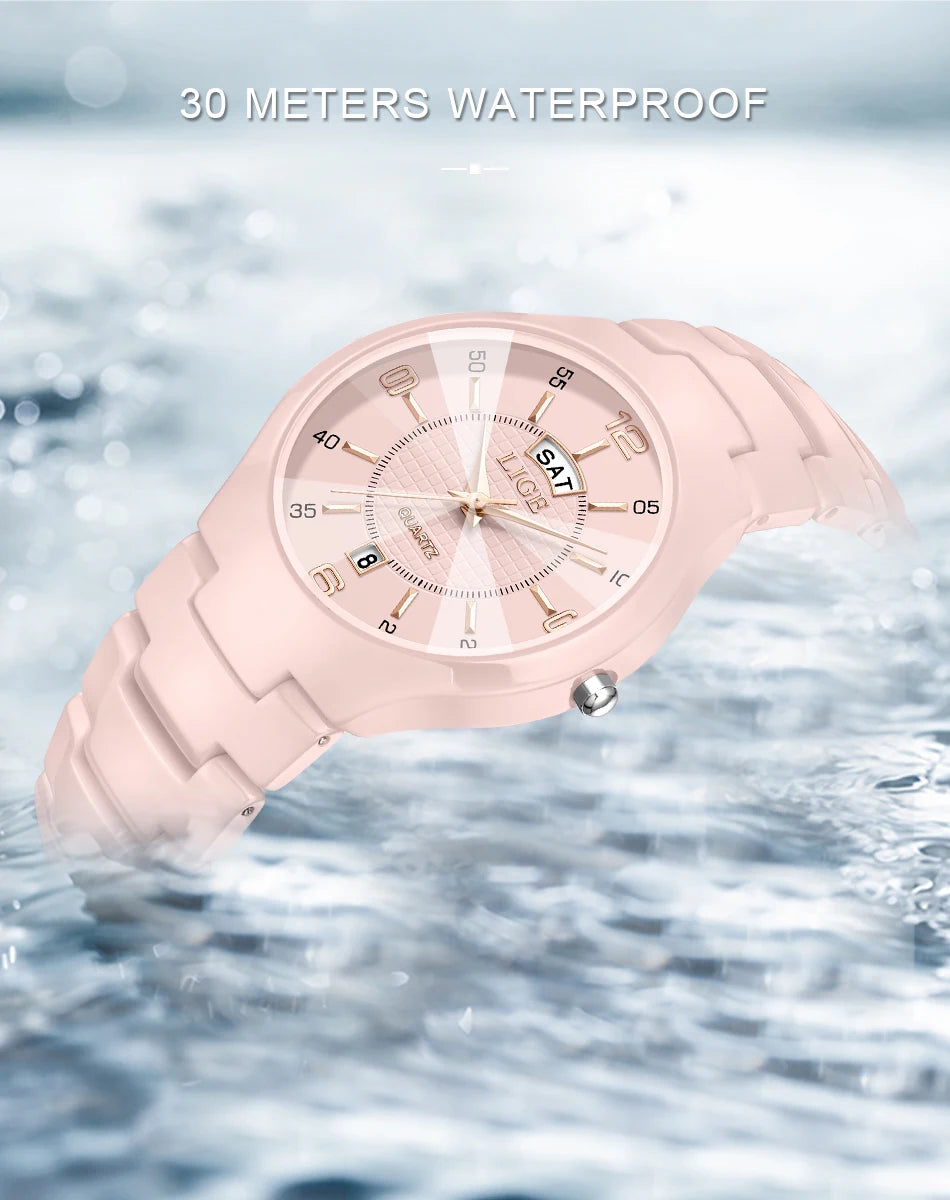 LIGE 2026 Elegant Ceramic Womens Watch Luxury Fashion Quartz Wristwatches Waterproof Date Week Watches Ladies Gifts Reloj Mujer