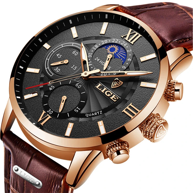 LIGE New Mens Watches Top Brand Luxury Brown Leather Casual Quartz Watch Men Sport Waterproof Clock Watch Relogio Masculino