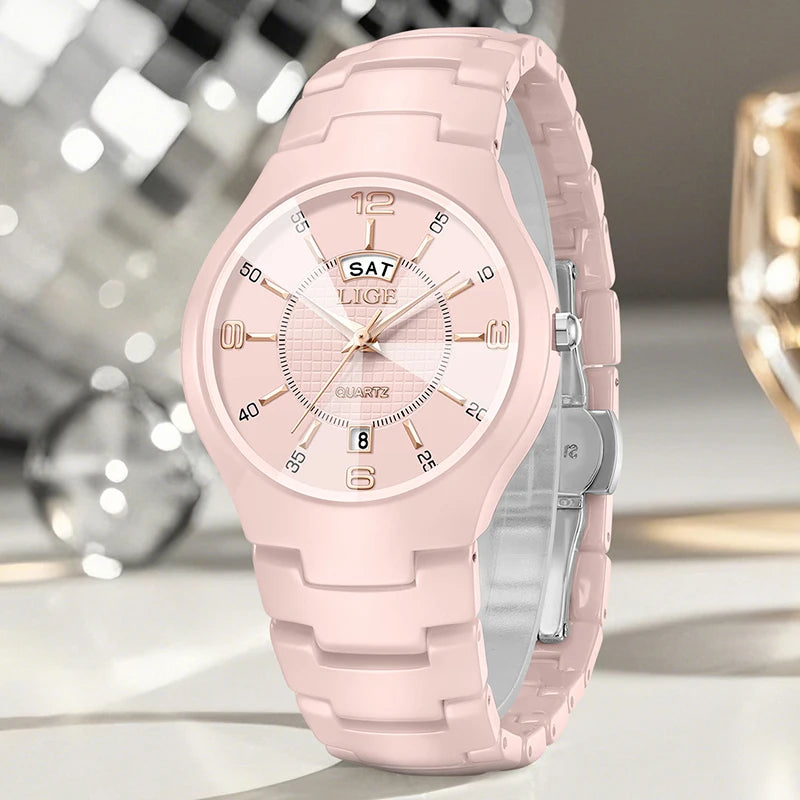 LIGE 2026 Elegant Ceramic Womens Watch Luxury Fashion Quartz Wristwatches Waterproof Date Week Watches Ladies Gifts Reloj Mujer