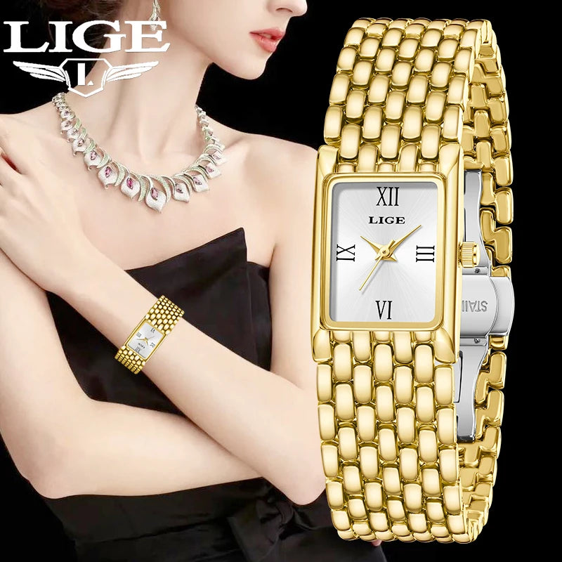 LIGE Watch Women Fashion Casual Luxury Womens Waterproof Square Dial Steel Belt Quartz Wrist Watches Christmas Gifts Reloj Mujer