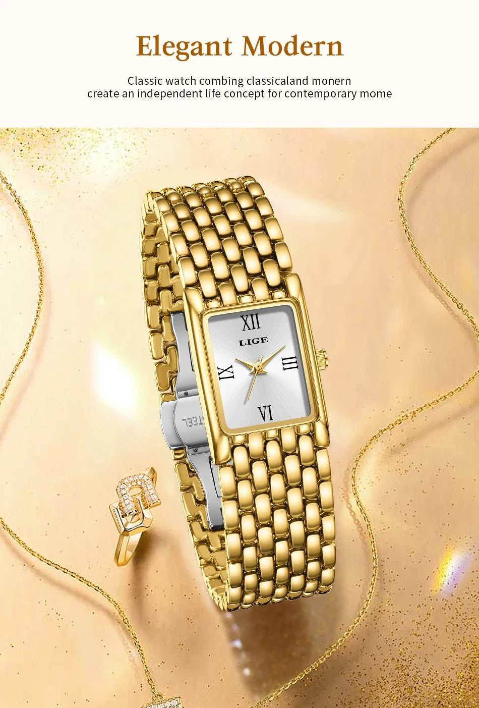 LIGE Watch Women Fashion Casual Luxury Womens Waterproof Square Dial Steel Belt Quartz Wrist Watches Christmas Gifts Reloj Mujer