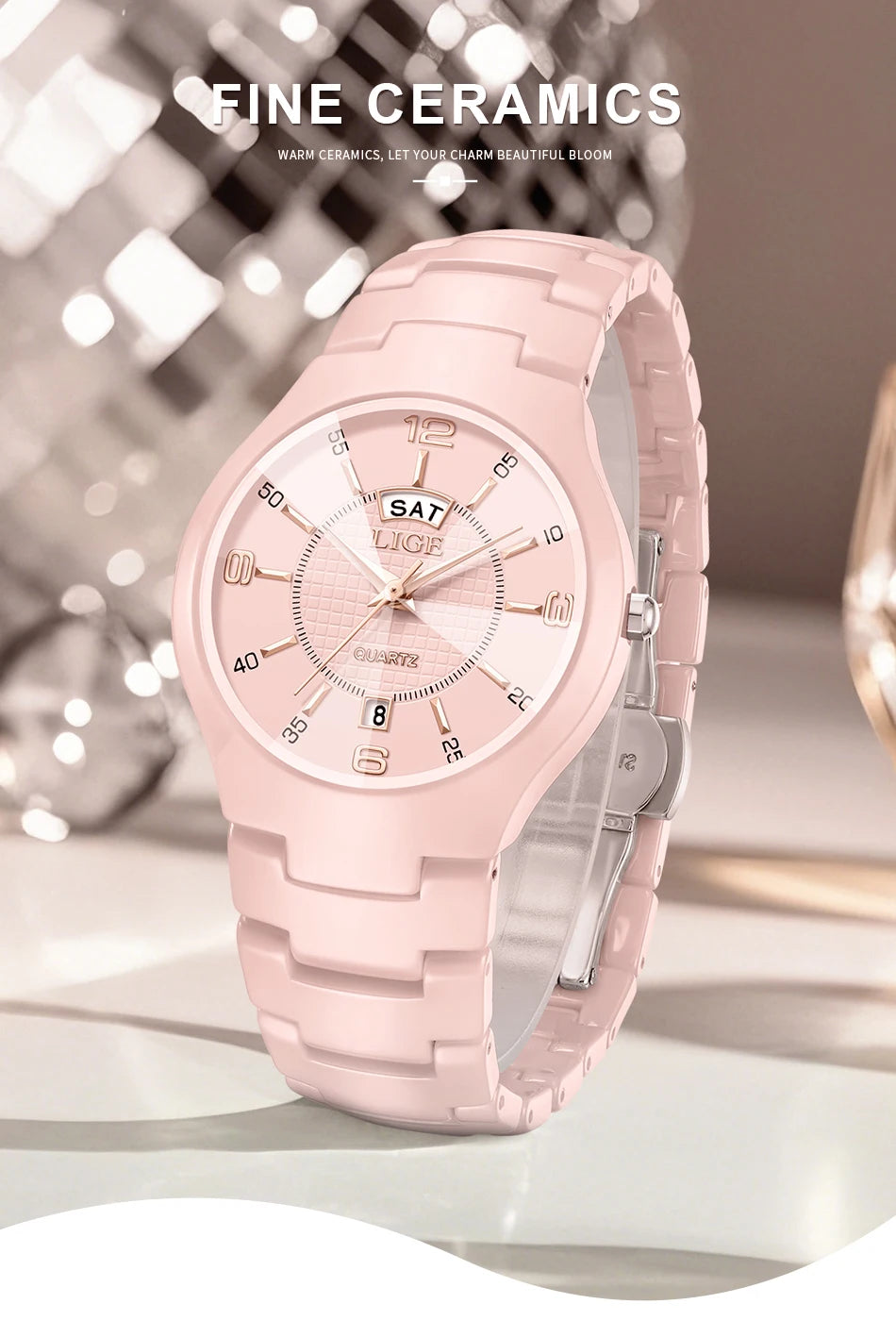 LIGE 2026 Elegant Ceramic Womens Watch Luxury Fashion Quartz Wristwatches Waterproof Date Week Watches Ladies Gifts Reloj Mujer