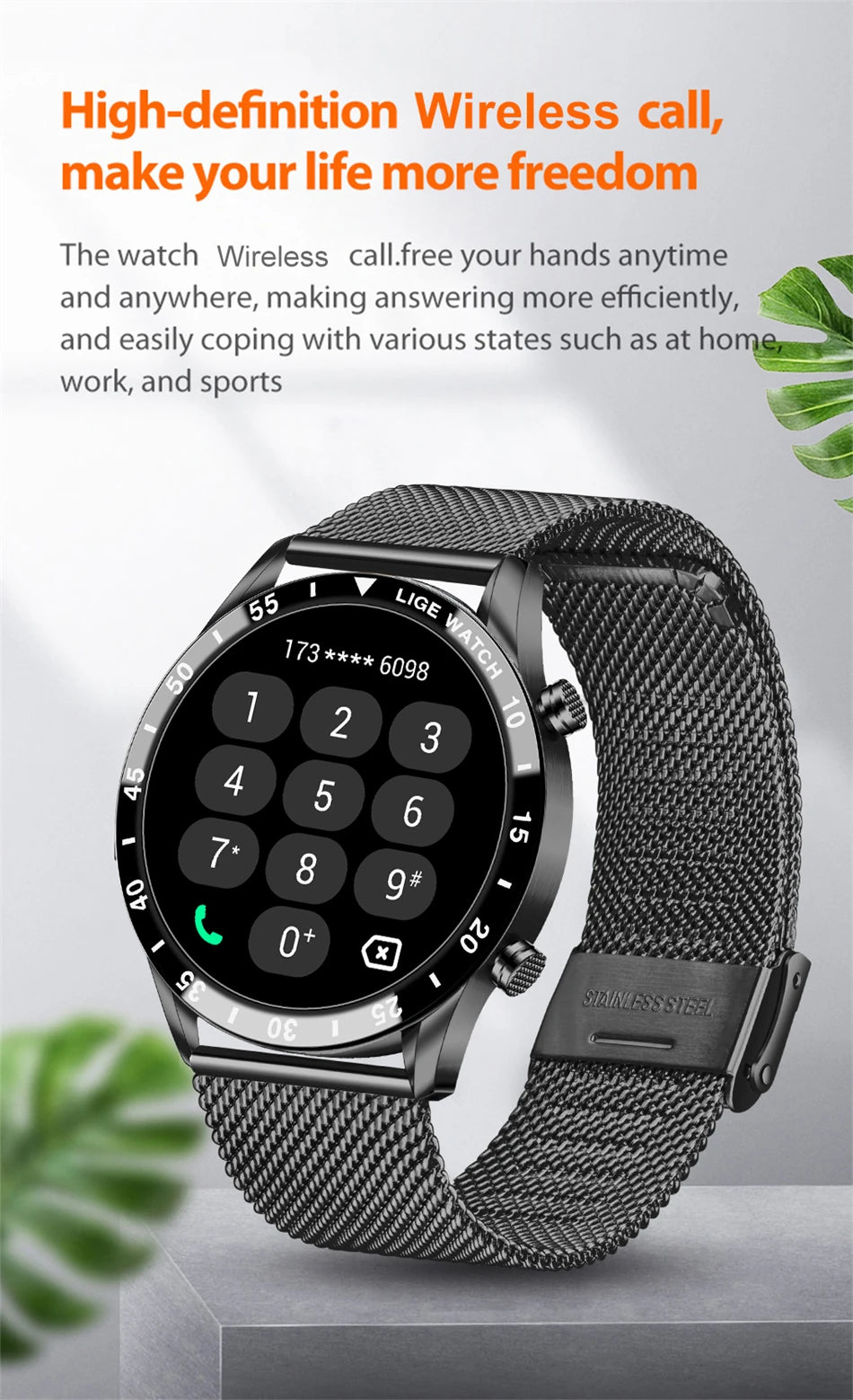 LIGE Men Smart Watch Bluetooth Call Luxury Full Circle Touch Screen Steel Band Waterproof Sports Fitness Watch For Android IOS