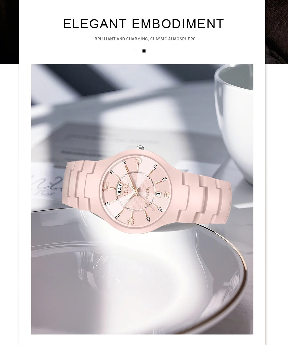 LIGE 2026 Elegant Ceramic Womens Watch Luxury Fashion Quartz Wristwatches Waterproof Date Week Watches Ladies Gifts Reloj Mujer