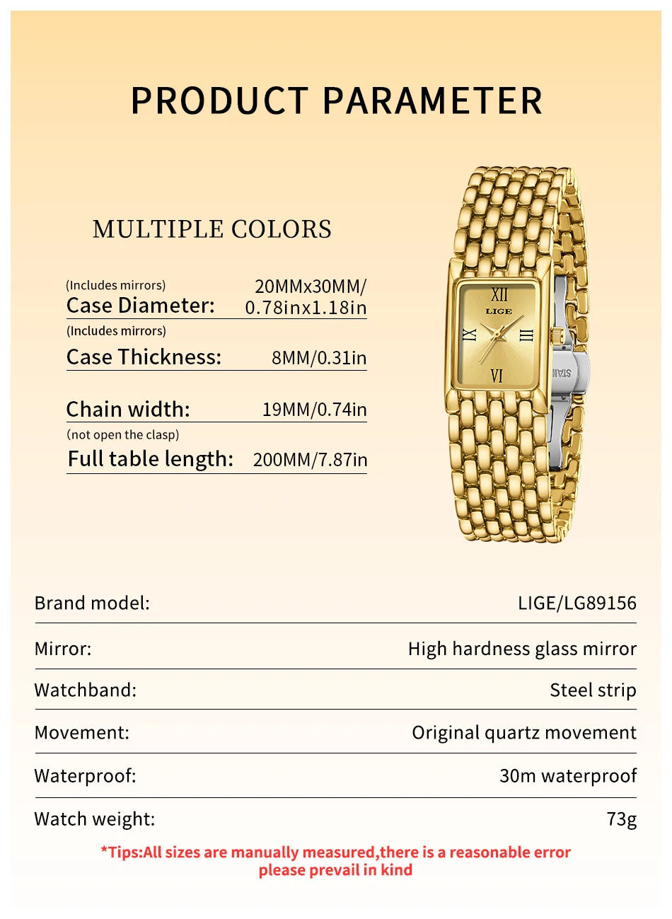 LIGE Gold Watch for Women Square Ladies Quartz Wristwatches Stainless Steel Women Small Gold Watch Luxury Casual Fashion Watch