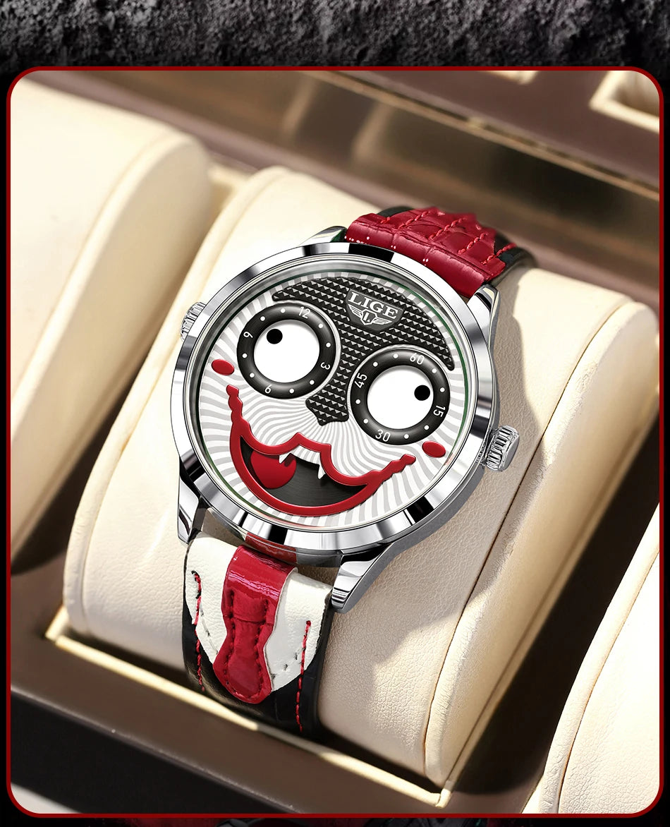 LIGE Creative Watches For Men Clown Fashion Quartz Wristwatches Waterproof Leather Strap Mens Watch Cool Joker Reloj Hombre