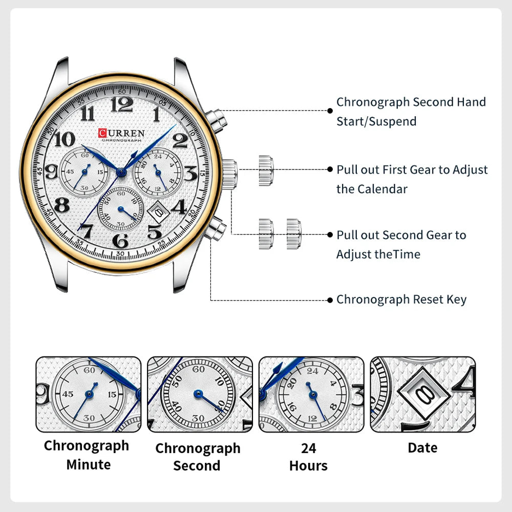 CURREN Men's Watches Luxury Brand Quartz Wristwatch - Chronograph Round Dial with Auto Date, Waterproof