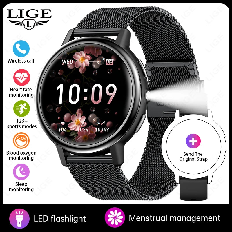 LIGE New Lady Fashion Smart Watch 1.26" HD Heart Rate Women's Health Bluetooth Voice Call Waterproof Flashlight Smartwatch
