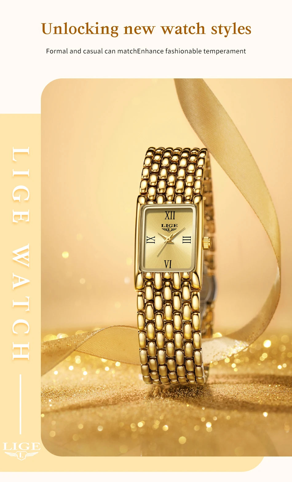 LIGE Gold Watch for Women Square Ladies Quartz Wristwatches Stainless Steel Women Small Gold Watch Luxury Casual Fashion Watch