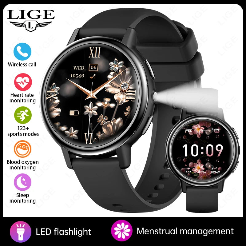 LIGE New Women Smart Watch Luxury 1.26’’ HD Screen Bluetooth Call Smartwatch Ladies Full Touch Flashlight Waterproof Smartwatch