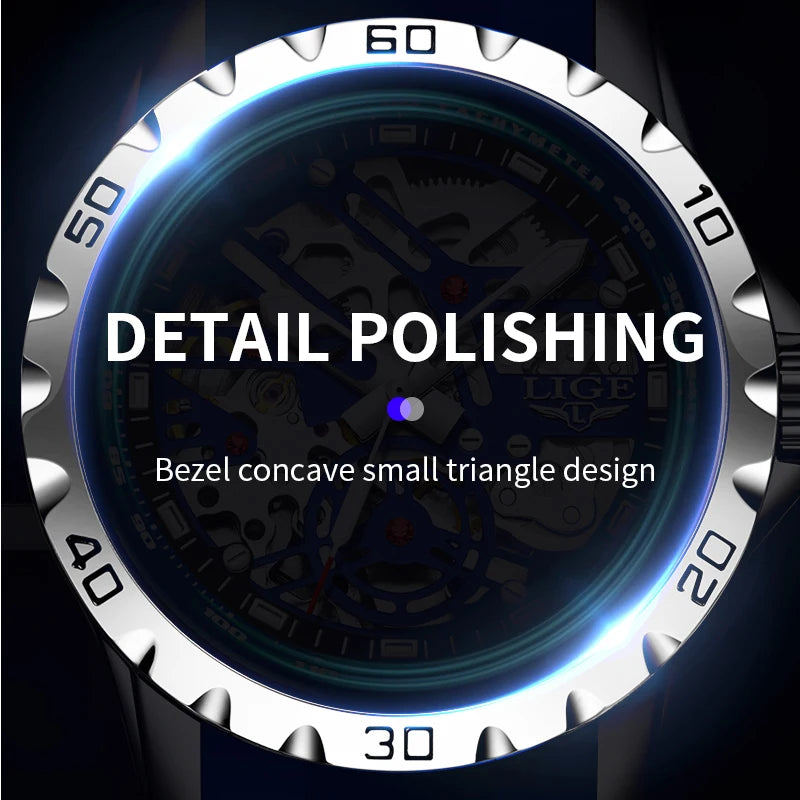 LIGE Luxury Men  Automatic Mechanical Watch Luminous Hollowed Movement Waterproof Luminous Mechanical wristwatches  Reloj Montre