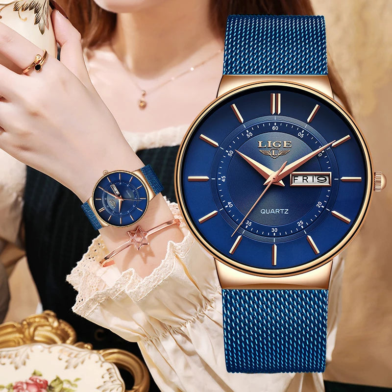 LIGE 2026 Women's Watch Elegant Weekly Calendar Quartz Waterproof Watch for Women Luxury Women Watches Fashion Reloj de Mujer