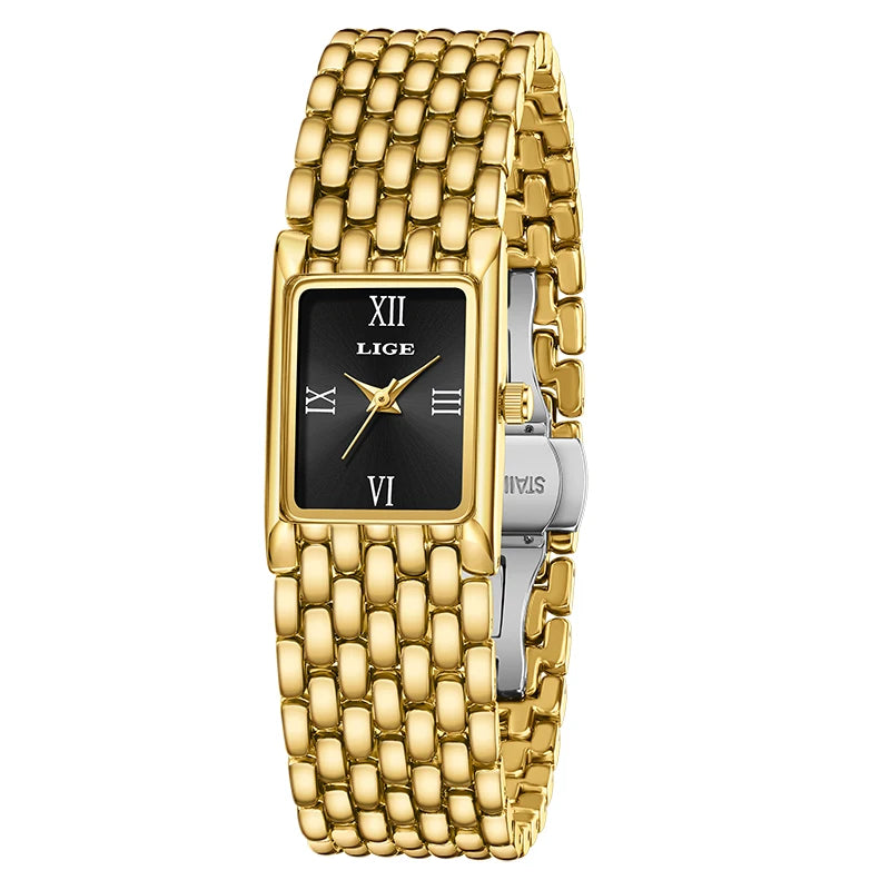 LIGE Gold Watch for Women Square Ladies Quartz Wristwatches Stainless Steel Women Small Gold Watch Luxury Casual Fashion Watch