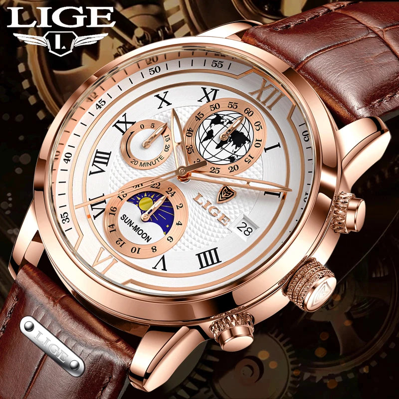 LIGE Brand Luxury Mens Watch Business Fashion Quartz Wristwatch Sport Waterproof Luminous Leather Strap Watches Men Reloj hombre