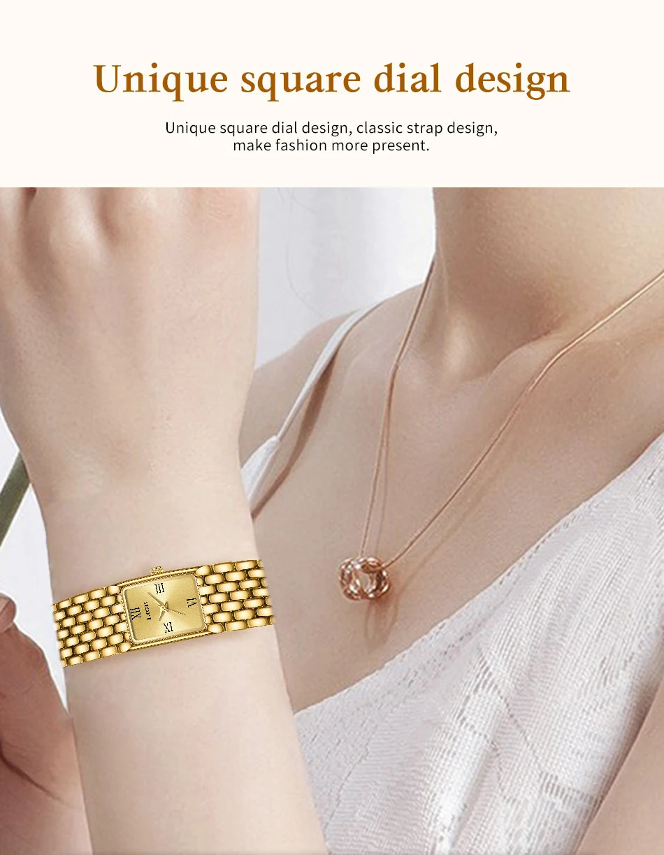LIGE Gold Watch for Women Square Ladies Quartz Wristwatches Stainless Steel Women Small Gold Watch Luxury Casual Fashion Watch