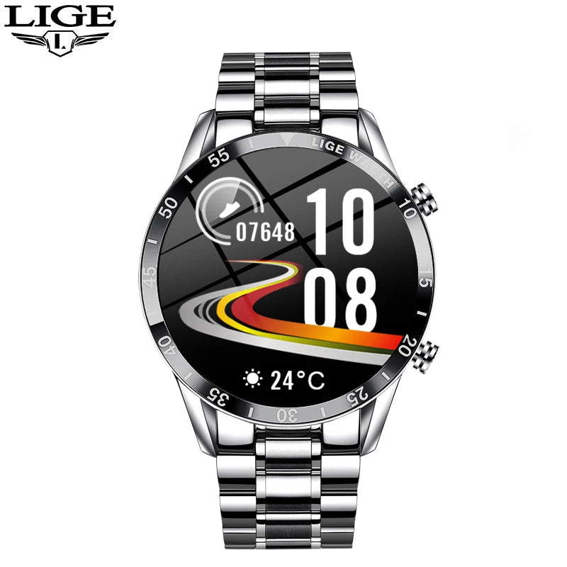 LIGE Men Smart Watch Bluetooth Call Luxury Full Circle Touch Screen Steel Band Waterproof Sports Fitness Watch For Android IOS