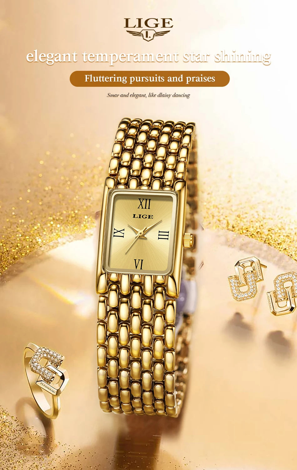 LIGE Gold Watch for Women Square Ladies Quartz Wristwatches Stainless Steel Women Small Gold Watch Luxury Casual Fashion Watch
