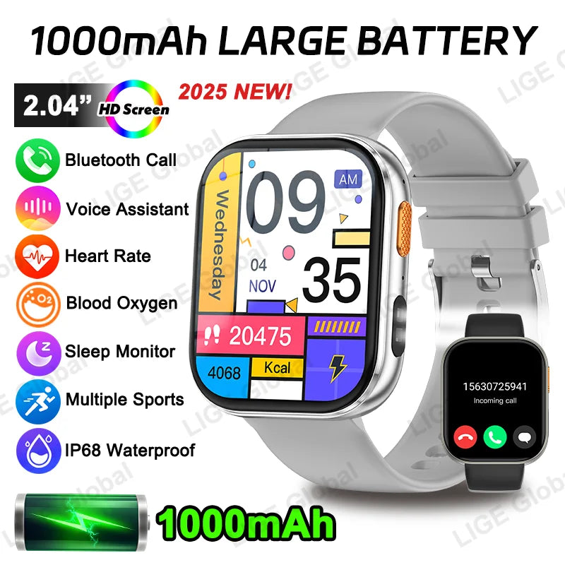 LIGE 2026 1000mAh Battery Men Women Smart Watch 2.04" HD Large Screen Flashlight Hear Rate Bluetooth Call Smartwatch 100+ Sports