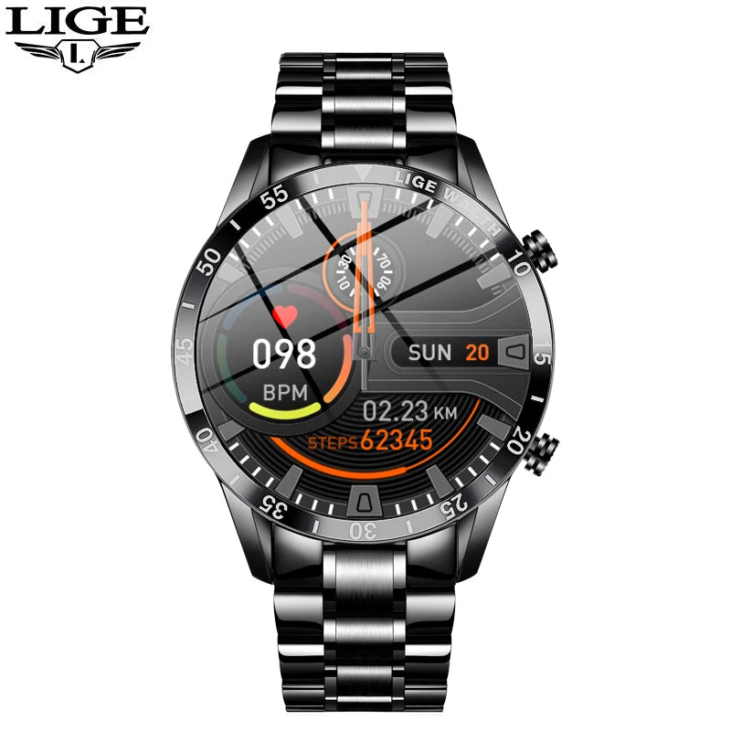 LIGE Men Smart Watch Bluetooth Call Luxury Full Circle Touch Screen Steel Band Waterproof Sports Fitness Watch For Android IOS