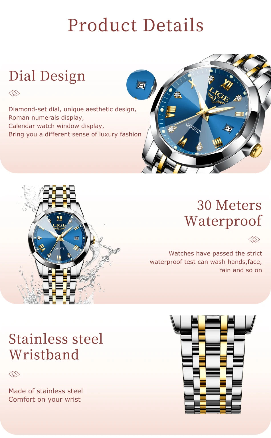 LIGE Women Watches Luxury Fashion Ladies Quartz Watch Waterproof Luminous Date Stainless Steel Wristwatch Girlfriend Gift