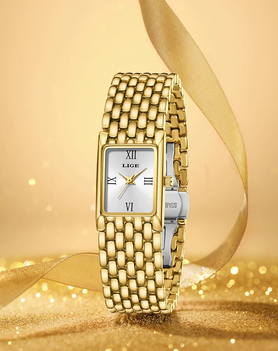 LIGE Watch Women Fashion Casual Luxury Womens Waterproof Square Dial Steel Belt Quartz Wrist Watches Christmas Gifts Reloj Mujer