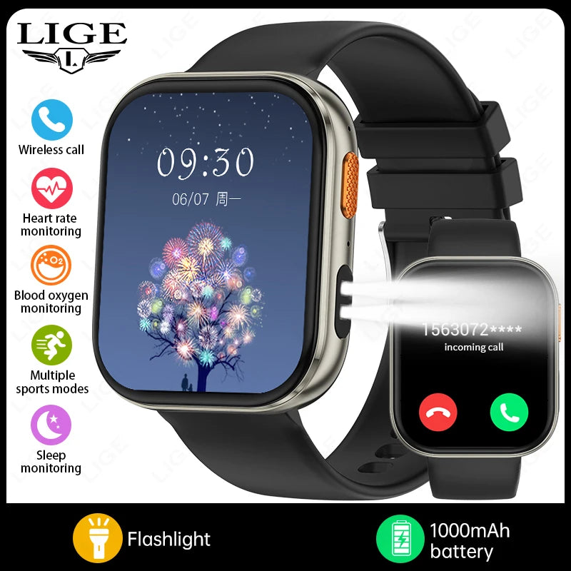 LIGE 2026 1000mAh Battery Men Women Smart Watch 2.04" HD Large Screen Flashlight Hear Rate Bluetooth Call Smartwatch 100+ Sports